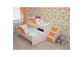 Кровать 2-х ярусная выкатная с ящиком и лестницей Радуга оранж