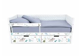 Кровать-тахта Svogen мягкая с ящиками и бортиком с фото белый/динозаврики