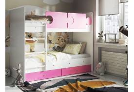 Кровать двухъярусная Тетрис латы с бортиками белый-розовый
