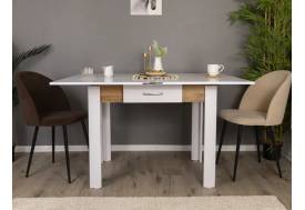 Стол обеденный Doma раскладной с ящиком Белый бриллиант/Дуб вотан